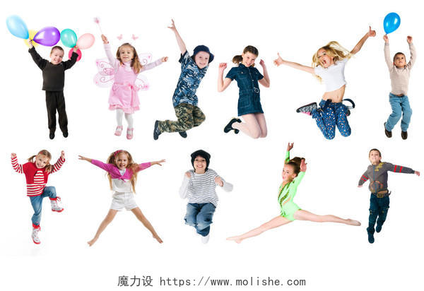 白底孩子儿童跳跃欢呼舞蹈高兴兴奋大笑人物组合
